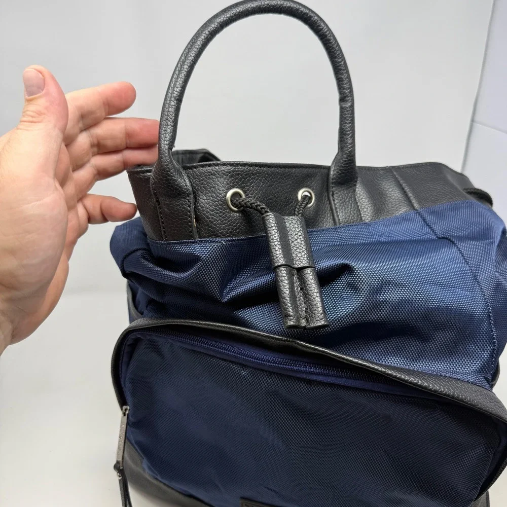 Versace Parfums Navy Blue Nylon Backpack Tote Bag Greca Straps Black Trim